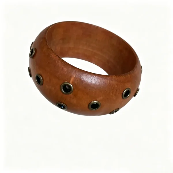 Vintage Wood Bangle – Solid Natural Boho Rivet Cuff Bracelet for Women