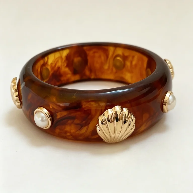 Tortoiseshell Resin Bangle – Seashell Pearl Coastal Vintage Bracelet for Women