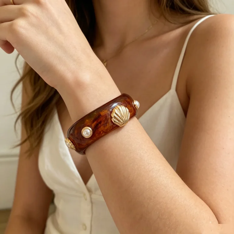 Tortoiseshell Resin Bangle – Seashell Pearl Coastal Vintage Bracelet for Women