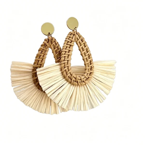 Rattan Tassel Earrings – Teardrop Woven Raffia Fan Drop Boho Jewelry for Women
