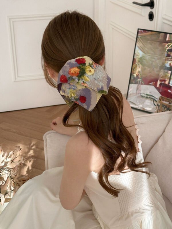 Vintage scrunchie with oil painting floral print. Soft fabric for ponytails or buns. Matching head scarf available.