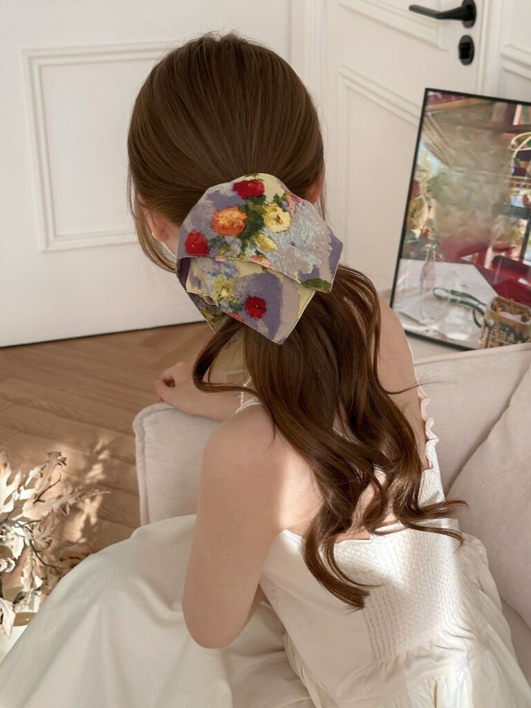 Vintage scrunchie with oil painting floral print. Soft fabric for ponytails or buns. Matching head scarf available.