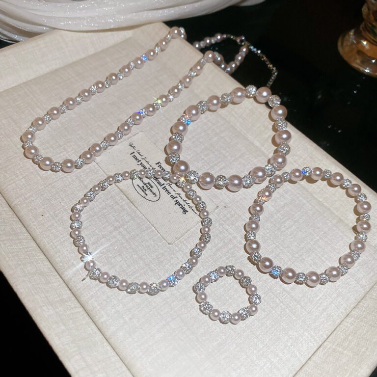 Pearl Jewelry Set – Pink Rose Necklace Bracelet & Ring for Women