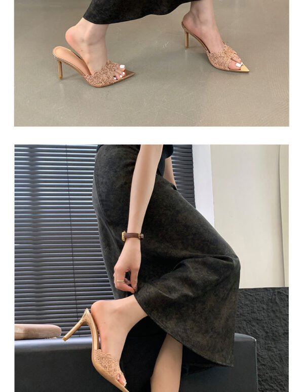 Embroidered Heel Sandals – Pointed Toe Floral Stiletto Slides for Women